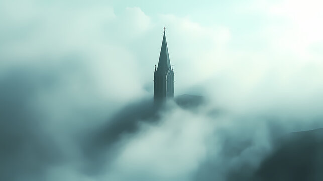 Ethereal church spire emerges from the mist. Spire. Illustration