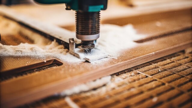 A closeup image of a highprecision blade rotating at high speed carefully ting through a fibrous composite material while fine dust particles are elegantly lifted away by an