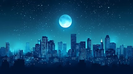 Cityscape at Night Under a Full Blue Moon