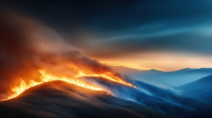 Naklejka premium dramatic scene of wildfire consuming hillside, showcasing intense flames and smoke against twilight sky