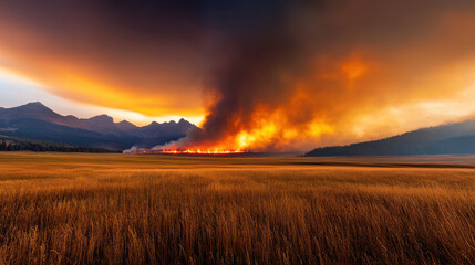Obraz premium Dramatic sunset over landscape scarred by wildfires, showcasing vibrant colors and smoke