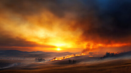 Dramatic sunset over landscape affected by wildfires, showcasing vibrant colors and smoke