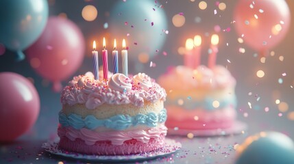 Vibrant Birthday Celebration Scene with Colorful Cakes Balloons and Confetti