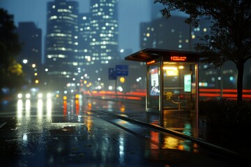 Urban Night Scene with Rainy Weather and Bus Stop Illuminated by City Lights and Traffic in a Modern Metropolis