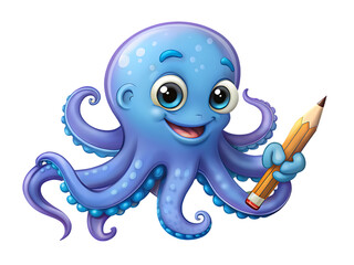 cartoon happy octopus holding pencil on transparent background