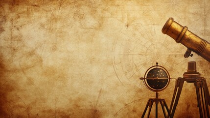 Vintage astronomical instruments on aged paper background - mystical and historical scene