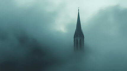 Fototapeta premium A tall church spire peeks through a thick layer of fog. Spire. Illustration