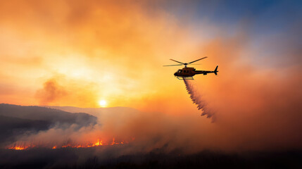 Fototapeta premium helicopter battles wildfire, silhouetted against fiery sky at sunset. scene captures urgency and bravery of firefighting efforts