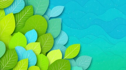 Naklejka premium A vibrant, abstract design featuring a variety of green leaves against a blue background, evoking a sense of nature and tranquility.