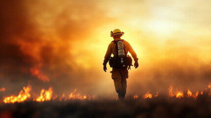 lone firefighter bravely battles raging wildfire under smoky sky
