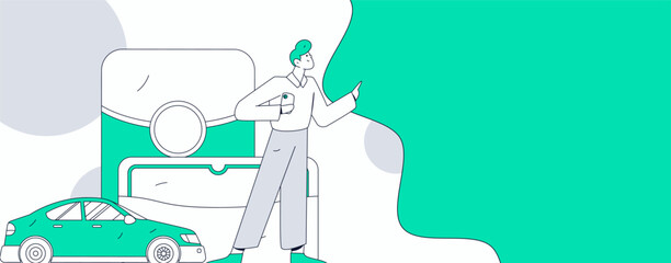 Flat vector concept operation hand drawn illustration of people taking a taxi
