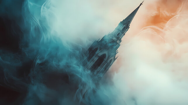 Abstract double exposure of church spire and misty swirls creating a mystical and ethereal atmosphere. Spire. Illustration