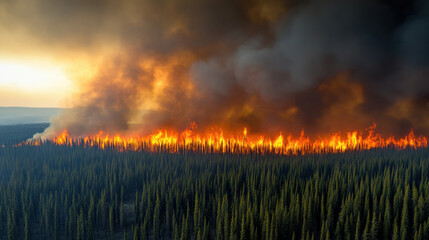 Fototapeta premium Aerial view of vast forest engulfed in flames, showcasing destructive power of wildfires. smoke billows ominously over landscape