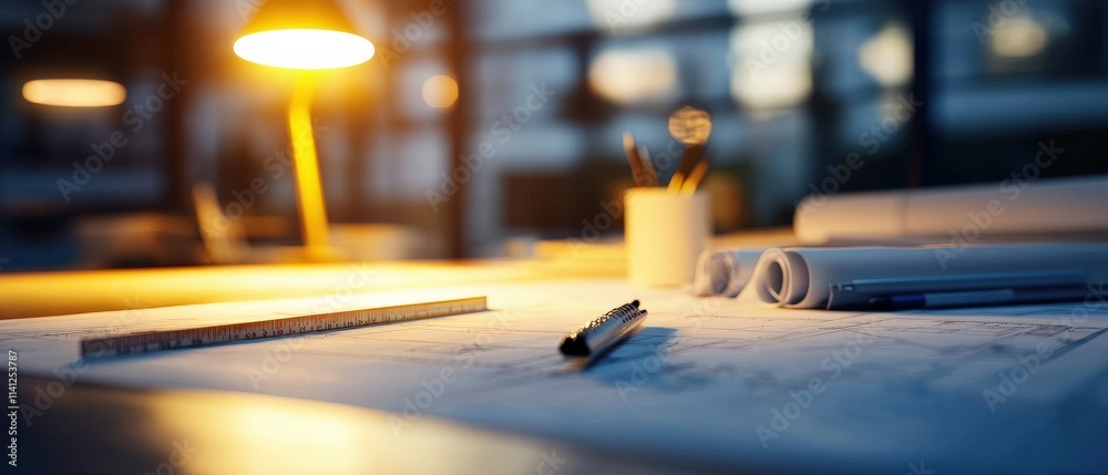 Poster sleek engineering workstation with a drafting table, rulers, and technical blueprints illuminated by