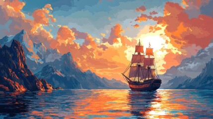 Obraz premium Pixel Art Pirate Ship in Serene Ocean Landscape with Low-Poly Mountains