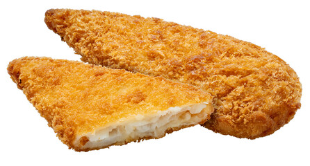 Deep fried crispy fish steak isolated on white, Deep fried Breaded fish isolated on white background PNG file.