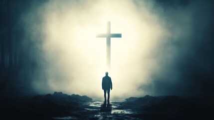 Naklejka premium Christian standing in front of the cross of Jesus Christ with bright light shining on it, concept of faith and belief, grace and rebirth by the Holy Spirit