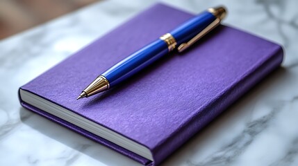 purple notebook with a blue pen resting on top of it. The notebook has a textured cover that resembles marble or stone