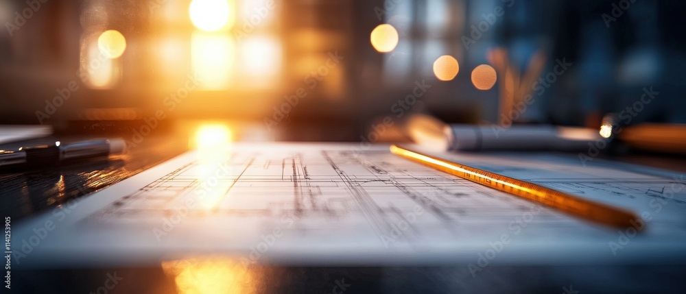 Poster sleek engineering workstation with a drafting table, rulers, and technical blueprints illuminated by