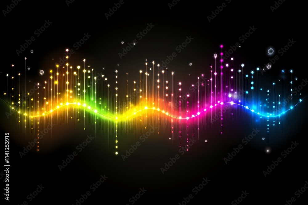 Poster vibrant colorful audio waveform with glowing dots and gradients representing sound frequencies on a 