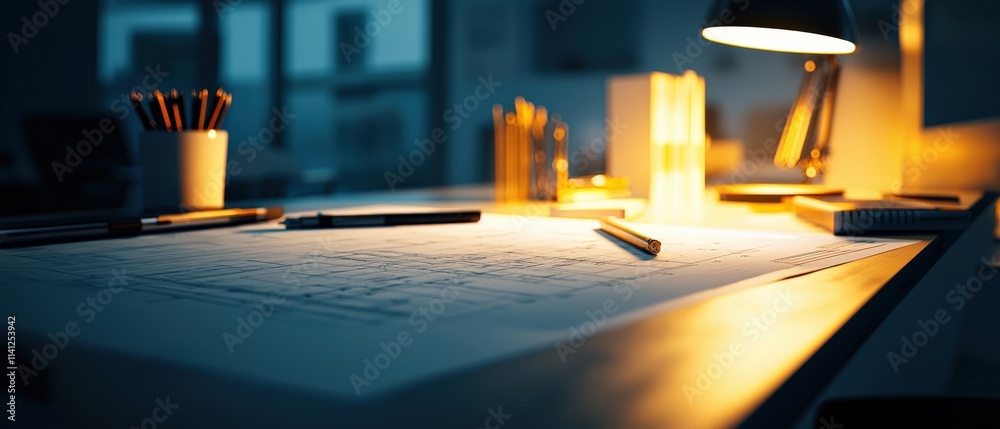 Poster sleek engineering workstation with a drafting table, rulers, and technical blueprints illuminated by