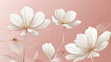 a minimalist line art featuring large white flowers with long stems and delivate petals. the background is a soft , neutral color with abstract shapes in a pink and gold