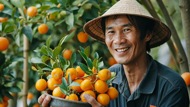 Vietnamese man farmer holding his fresh orange fruit from farm 