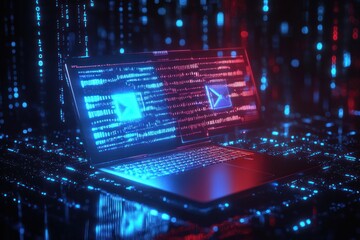 Futuristic Digital Data Transfer with Glowing Blue Laptops and Neon Geometric Shapes