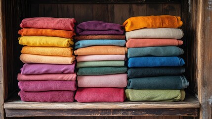 A stack of colorful towels neatly folded on a wooden shelf, ready for use.