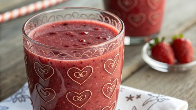 A close focus on a glass of berry juice showcases a silky smooth texture with small flecks of pulp visible throughout. Heart motifs etched into the frosted glass reflect a - Powered by Adobe