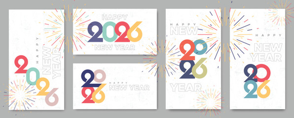 Happy New Year 2026 greeting card with fireworks and colored numbers on texture background