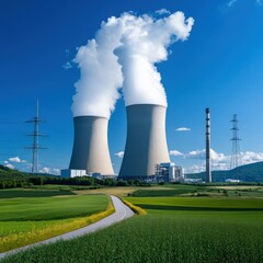 Two large power plants are emitting smoke into the sky