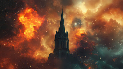 A dramatic scene featuring a church spire against a fiery, cosmic backdrop, evoking a sense of awe and mysticism. Spire. Illustration