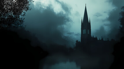 A dramatic silhouette of a church spire against an atmospheric moody sky, evoking a sense of mystery and reflection. Spire. Illustration