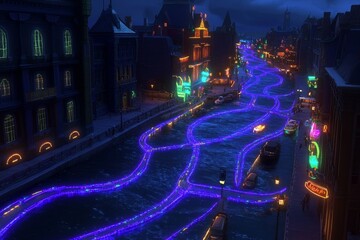 Obraz premium Vibrant Night Scene of a Canal with Illuminated Waterways and Colorful Reflections Under a Starry Sky in a Enchanted City Setting