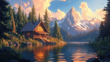 Fototapeta premium lakeside cabin serene sunset vibrant illustration landscape nature scenery mountains forest water