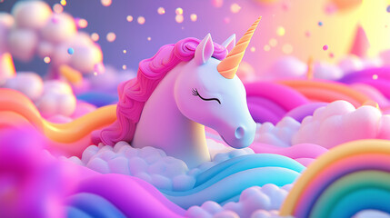 Obraz premium A 3D unicorn head resting on a flat 2D rainbow-filled fantasy scene