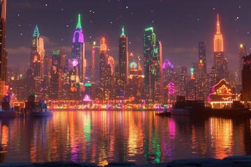 Obraz premium Vibrant Night Skyline with Neon Lights and Reflections Over Water in a Futuristic Urban Setting, Showcasing Tall Skyscrapers and Colorful Illuminations