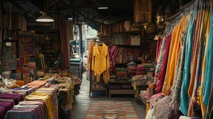 Obraz premium A traditional market filled with colorful textiles and handmade crafts on display.