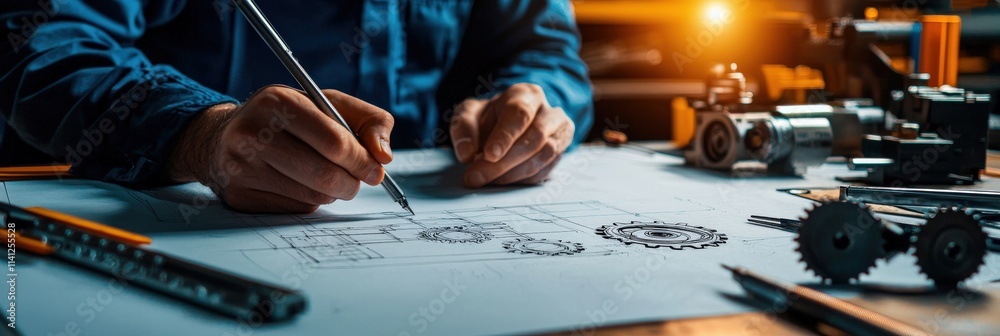 Aufkleber An engineer sketching a gear mechanism blueprint on a drafting table with precision tools neatly arranged