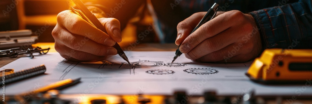 Aufkleber An engineer sketching a gear mechanism blueprint on a drafting table with precision tools neatly arranged