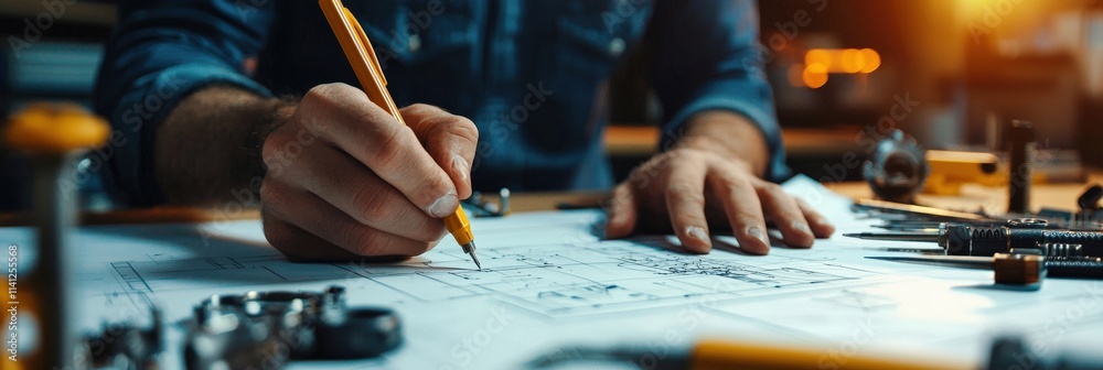 Aufkleber An engineer sketching a gear mechanism blueprint on a drafting table with precision tools neatly arranged