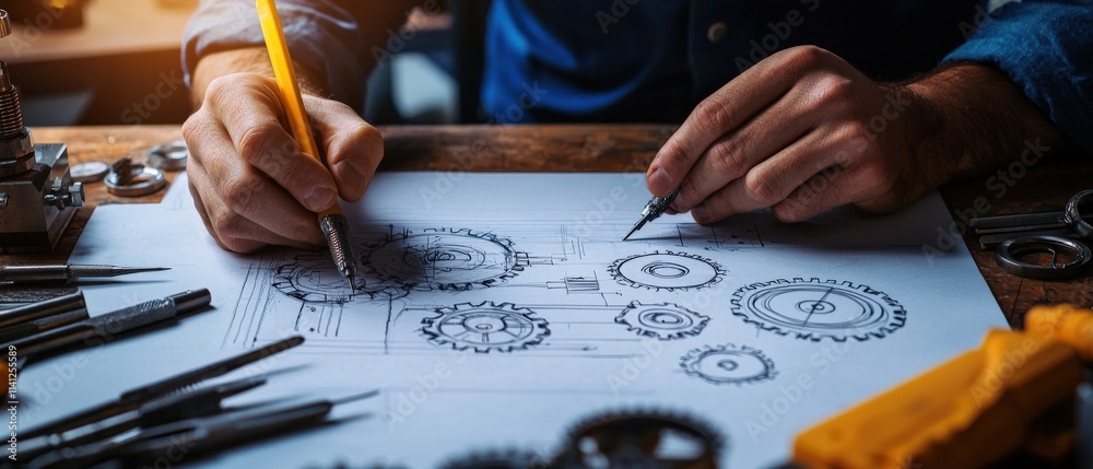 Aufkleber An engineer sketching a gear mechanism blueprint on a drafting table with precision tools neatly arranged