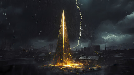 A golden spire on a rooftop is struck by lightning during a stormy night. Spire. Illustration