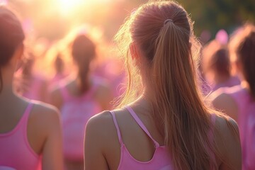 Breast Cancer Awareness Advocates Marching in Pink during Golden Hour with Diverse Group Celebrating Unity