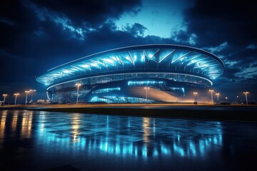 Futuristic Stadium at Night Cyberpunk Architecture with Neon Lights and Wet Ground Reflection