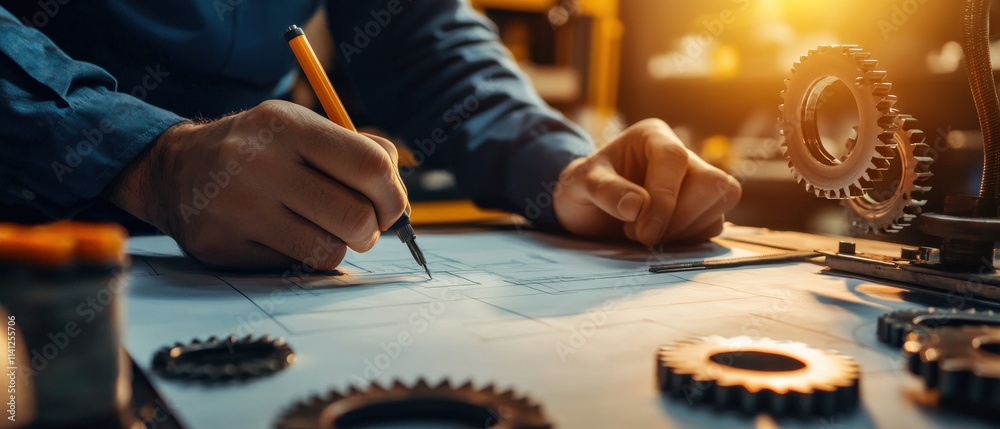 Aufkleber An engineer sketching a gear mechanism blueprint on a drafting table with precision tools neatly arranged