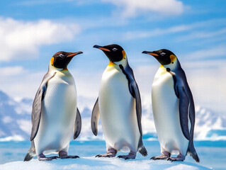 Fototapeta premium Climate change, wildlife crisis. Three emperor penguins stand together on ice in a scenic, icy landscape.