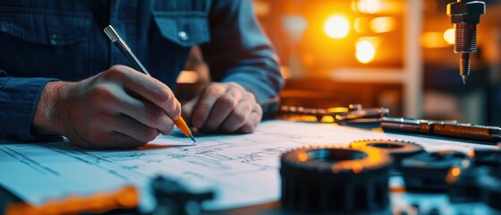 An engineer sketching a gear mechanism blueprint on a drafting table with precision tools neatly arranged