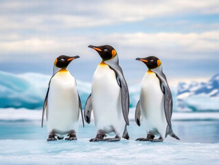 Obraz premium Climate change, wildlife crisis. Three penguins standing together on ice in a serene, icy landscape.